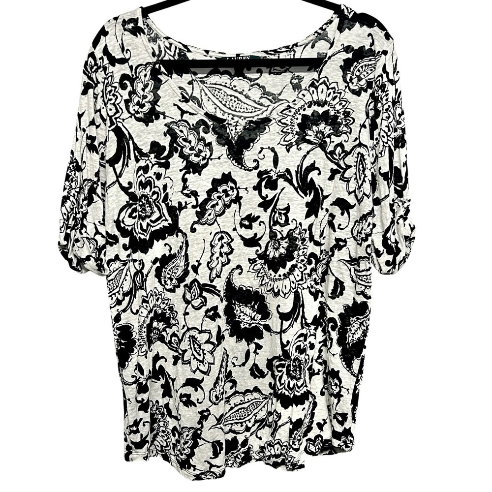LRL Ralph Lauren Linen Top Plus 3X Lightweight Monochrome Boho Paisley Floral